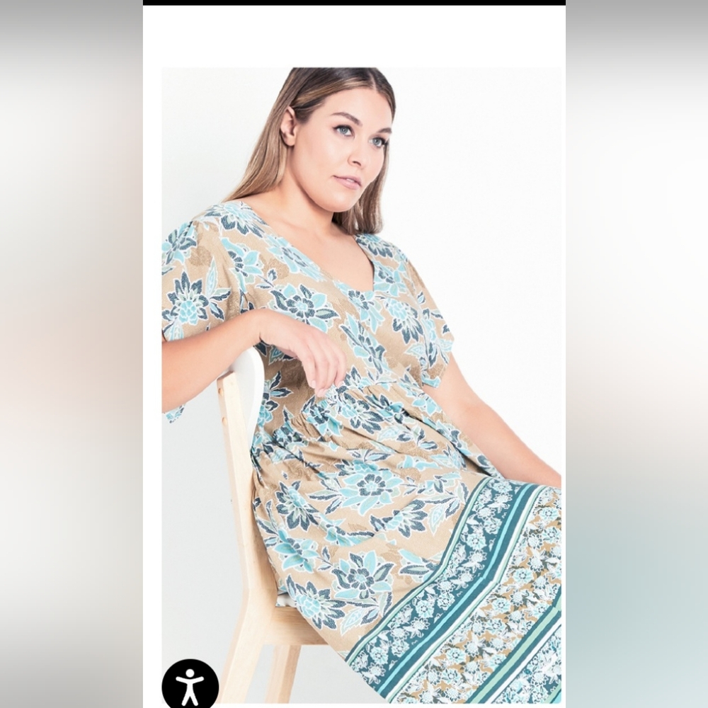 NWT Arna York Collection Siera Midi Dress size 26/28.  tan w/blue floral print